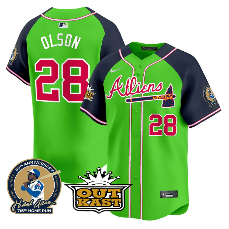 Matt Olson Jersey #28 Atlanta Braves Atliens Hank Aaron Patch Limited Stitched Green Alternate