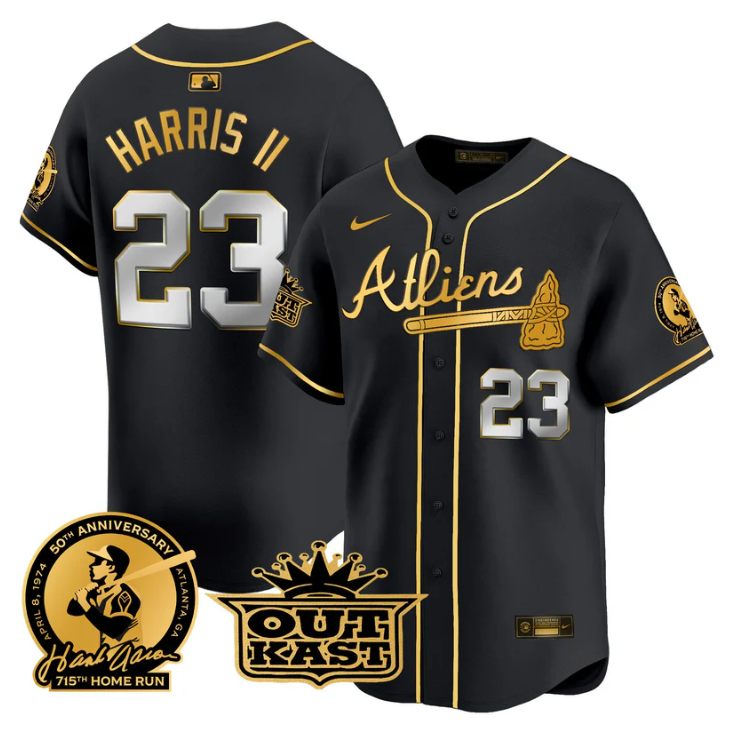 Michael Harris II Jersey #23 Atlanta Braves Atliens Hank Aaron Patch Limited Stitched Black Gold