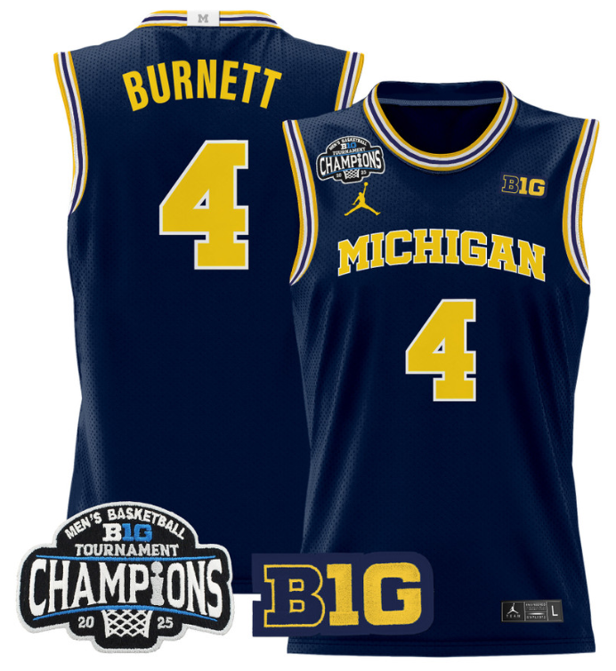Men Nimari Burnett Jersey #4 Michigan Wolverines 2025 Big Ten Champions Navy
