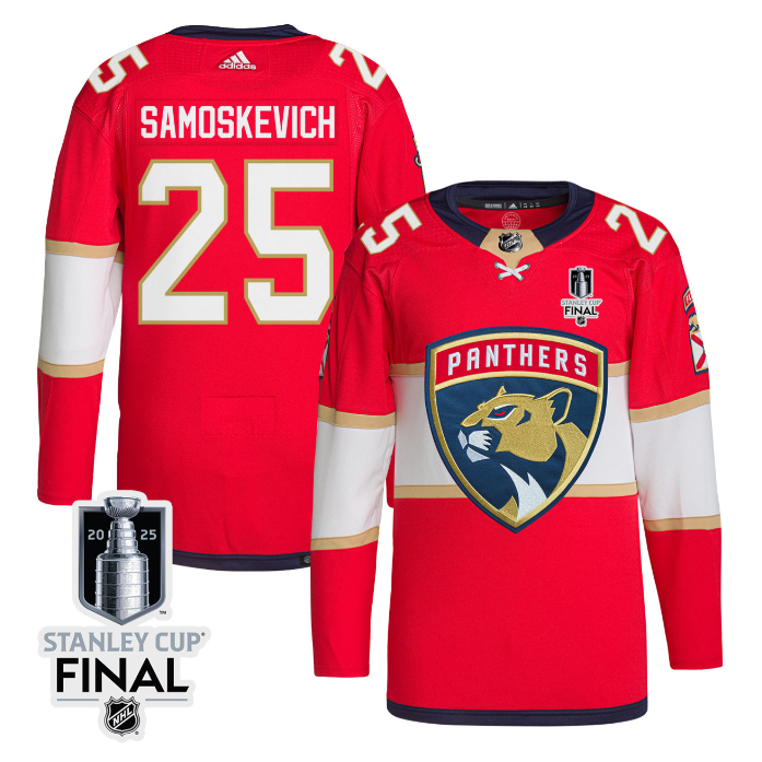 Mackie Samoskevich 25 Florida Panthers 2025 STANLEY CUP Final Patch Home Men Jersey Red