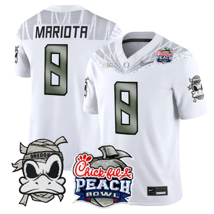 Marcus Mariota Jersey #8 Oregon Ducks Mummy Duck 2026 Peach Bowl Stitched White