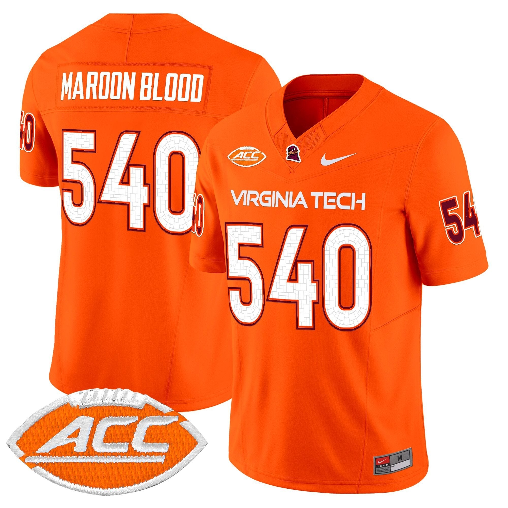 Maroon Blood Jersey #540 Virginia Tech Hokies 2025 Stitched Orange