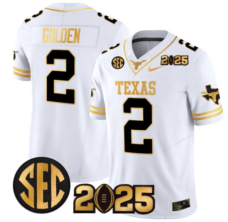 Matthew Golden Jersey #2 Texas Longhorns 2025 CFP Final Patch White Gold