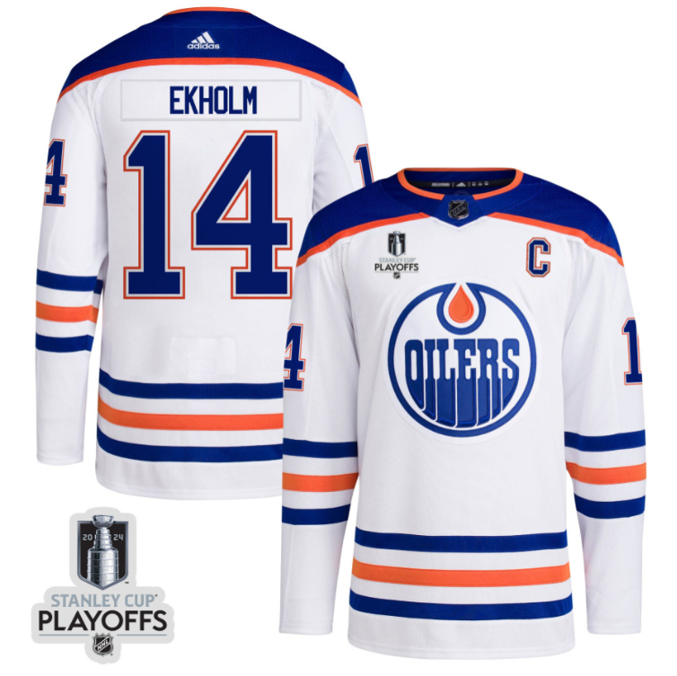 Mattias Ekholm 14 Edmonton Oilers 2024 NHL Playoffs Patch Away Jersey - Men, White
