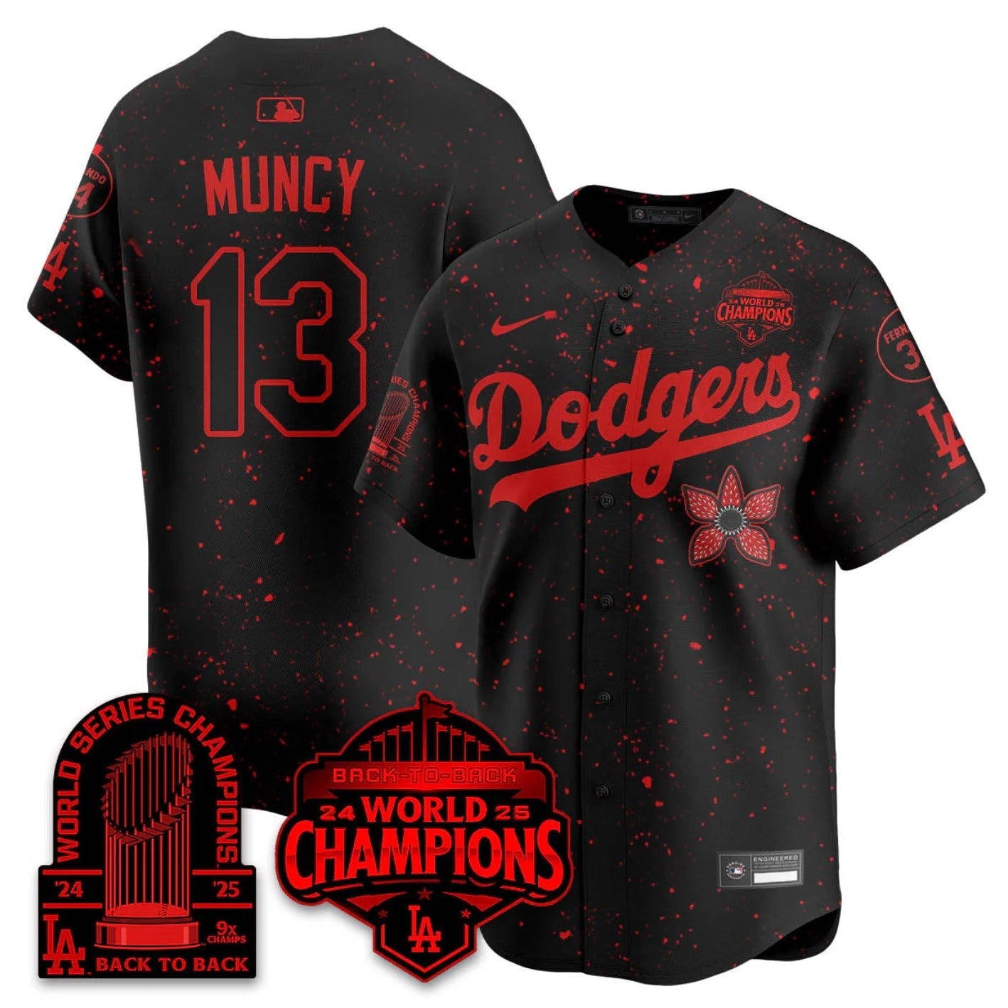 Max Muncy Jersey #13 Dodgers 2025 Champions Stranger Things 9x Champs Stitched
