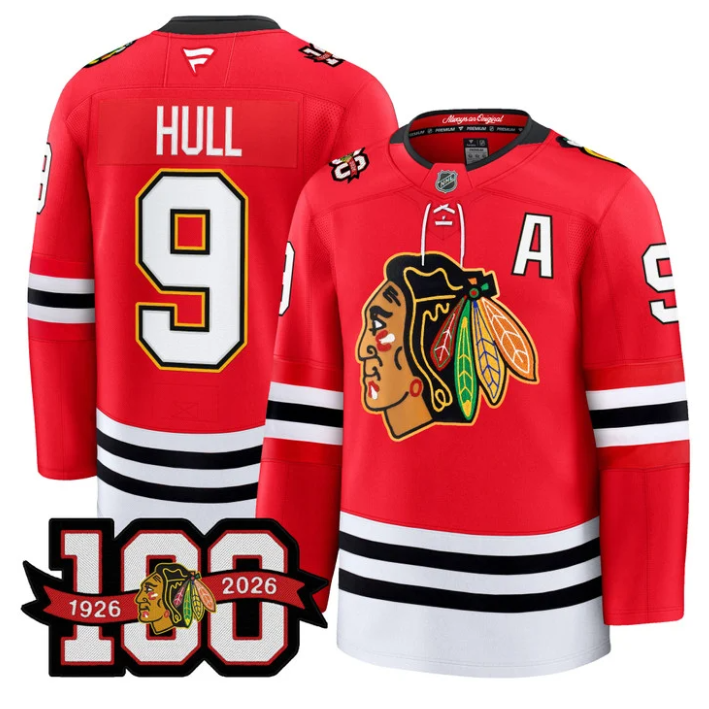 Men Bobby Hull Jersey #9 Chicago Blackhawks 100th Anniversary Stitched Red