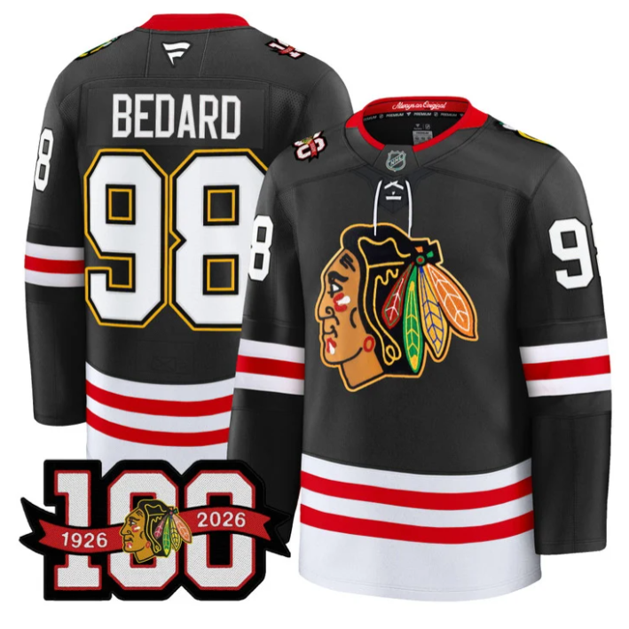 Men Connor Bedard Jersey #98 Chicago Blackhawks 100th Anniversary Stitched Black