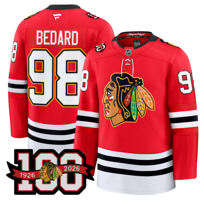 Men Connor Bedard Jersey #98 Chicago Blackhawks 100th Anniversary Stitched Red