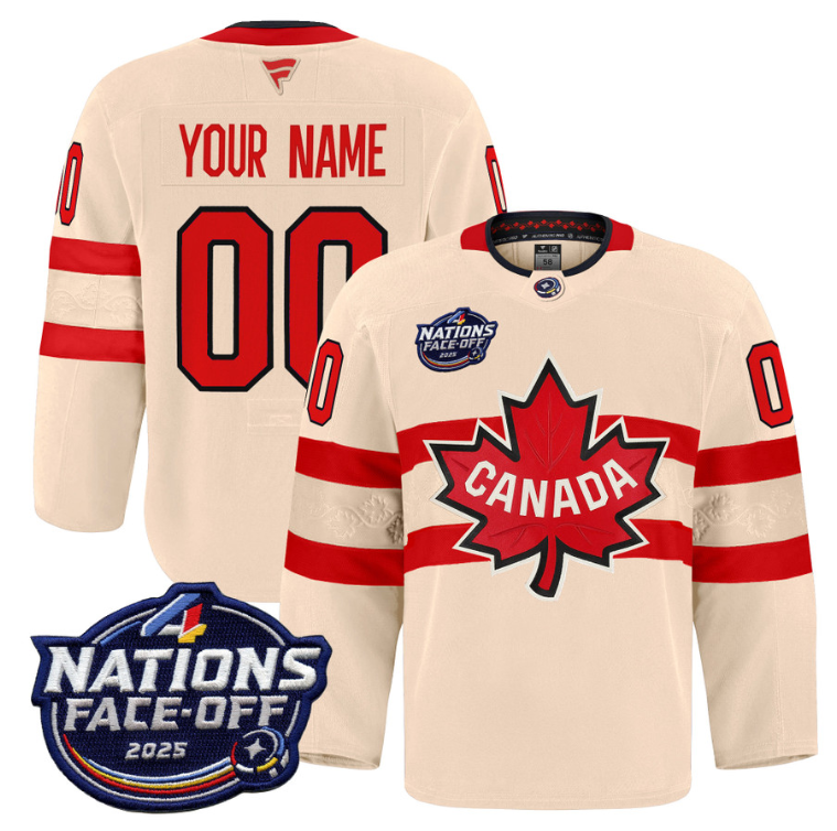 Men Custom Canada Jersey Name, Number 4 Nations Face-Off 2025 Pro Stitched Cream