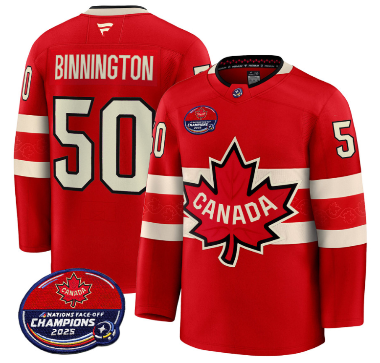 Men Jordan Binnington Jersey #50 Canada 4 Nations Face-Off 2025 Champions V2 Red