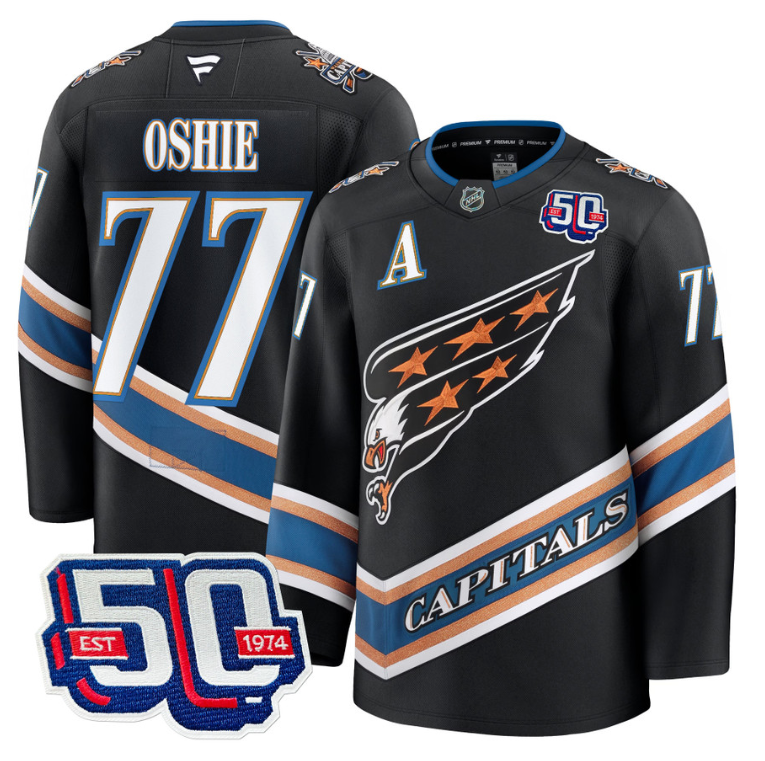 Men TJ Oshie Jersey #77 Washington Capitals Eagle 50th Anniversary Black