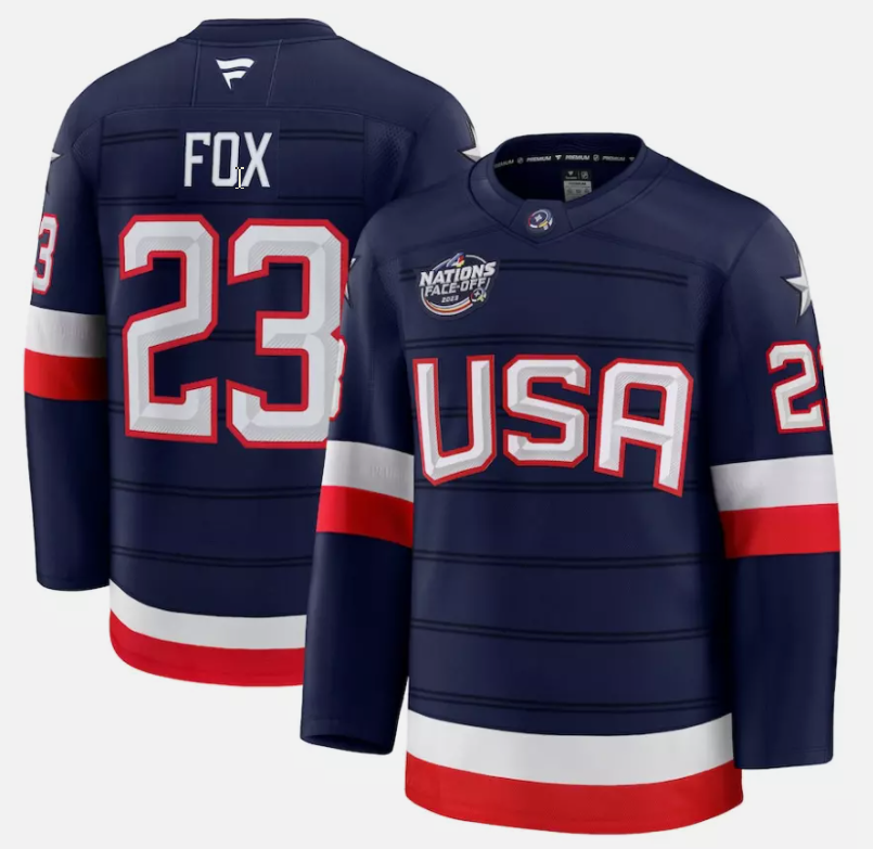 Men's Adam FoxJersey #23 USA Navy 2025 4 Nations Face-Off Stitched