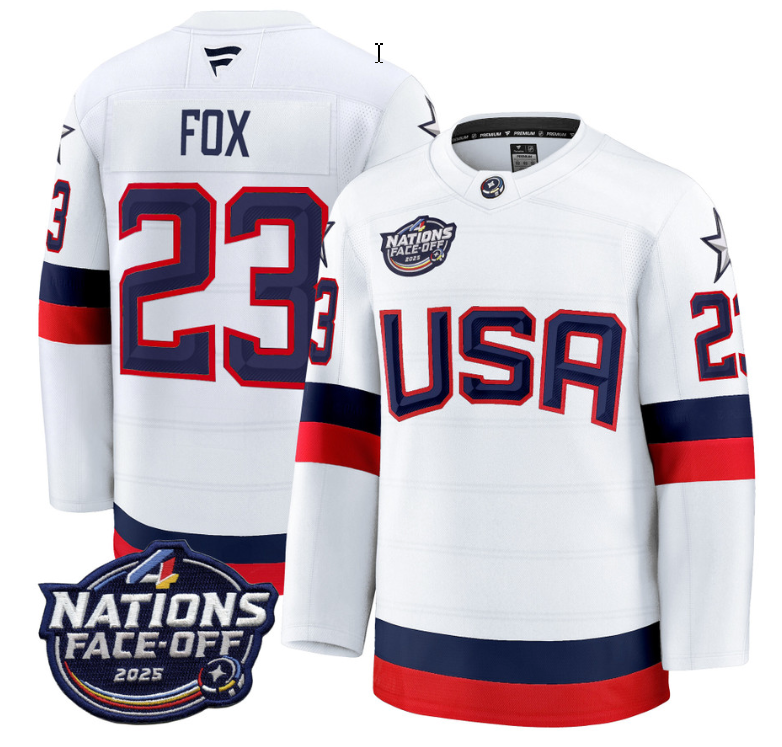 Men's Adam Fox Jersey #23 USA White 2025 4 Nations Face-Off Stitched
