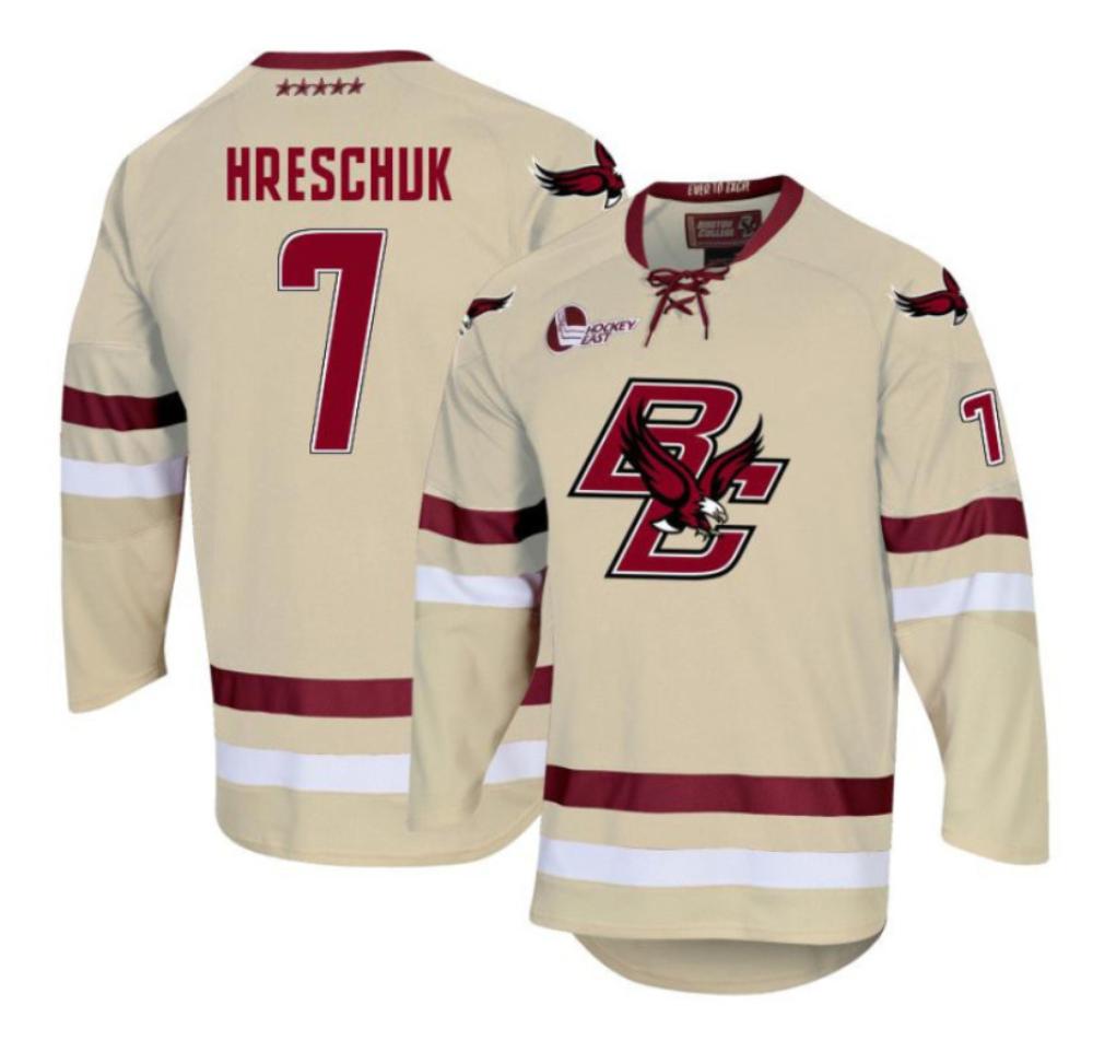 Men's Aidan Hreschuk #7 Boston College Eagles Hockey Stitched CreamJersey