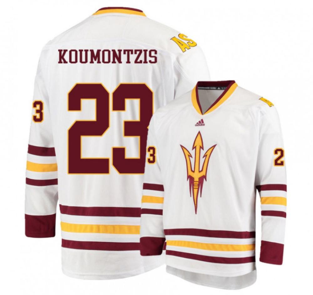 Men's Arizona State Sun Devils #23 D. Koumontzis Hockey Stitched White Jersey (Copy)