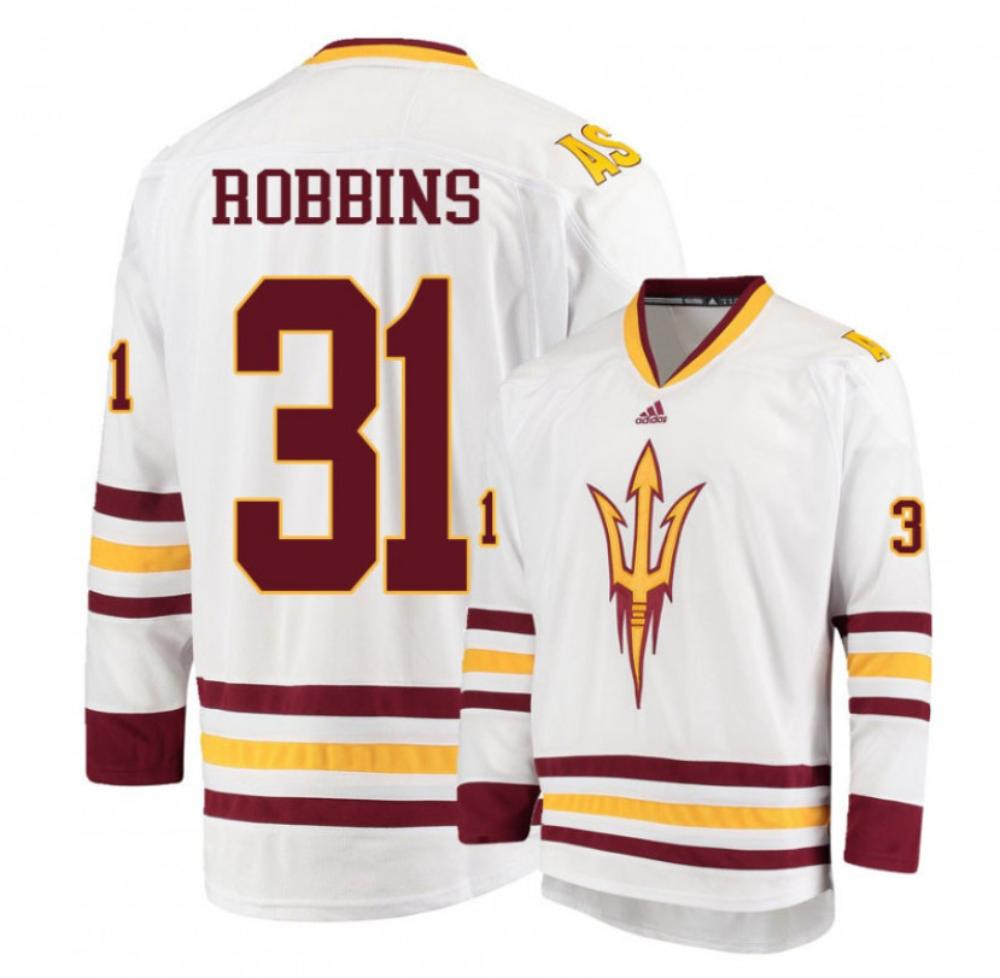 Men's Arizona State Sun Devils #31 Justin Robbins Hockey Stitched White Jersey