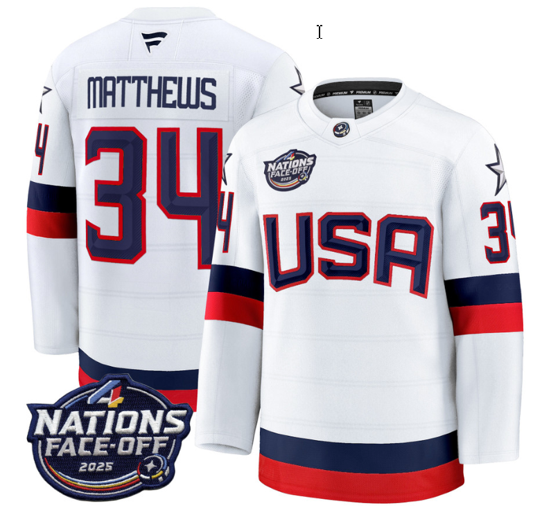 Men's Auston Matthews Jersey #34 USA White 2025 4 Nations Face-Off Stitched