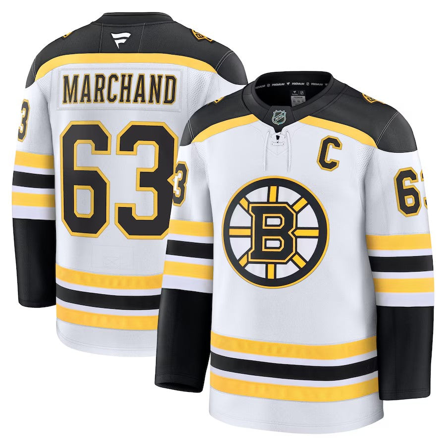 Men's Boston Bruins #63 Brad Marchand Away Premium Jersey White