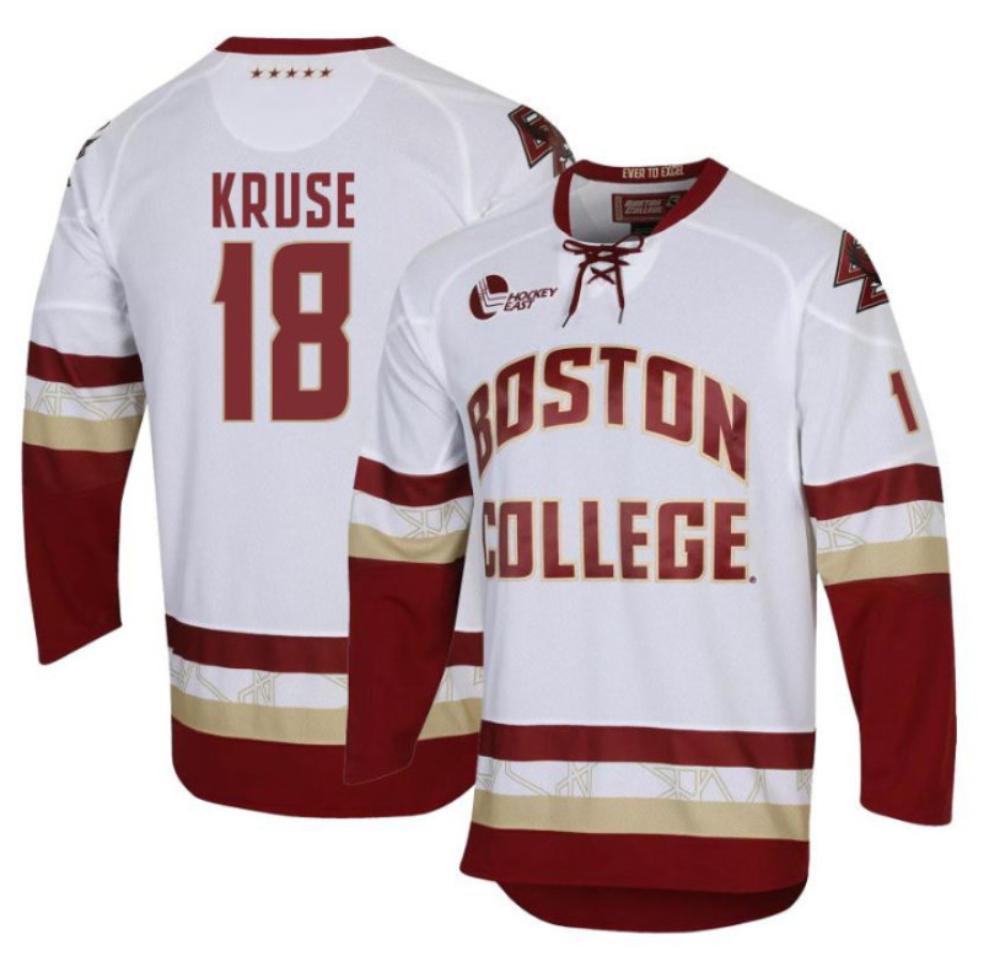 Men's Boston College Eagles Brandon Kruse #18 Hockey All Stitched White Jersey