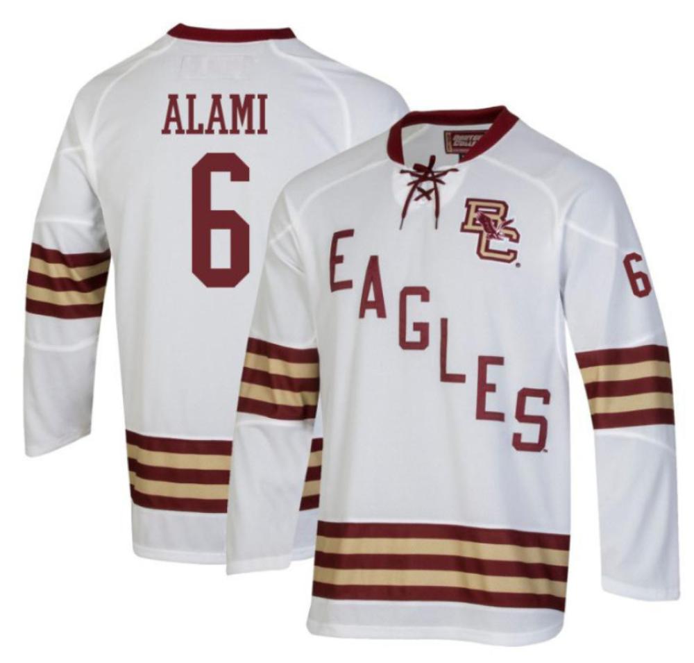 Men's Boston College Eagles Cade Alami #6 Hockey All Stitched White Jersey