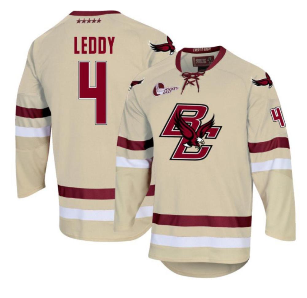 Men's Boston College Eagles Charlie Leddy #4 Hockey All Stitched Cream Jersey