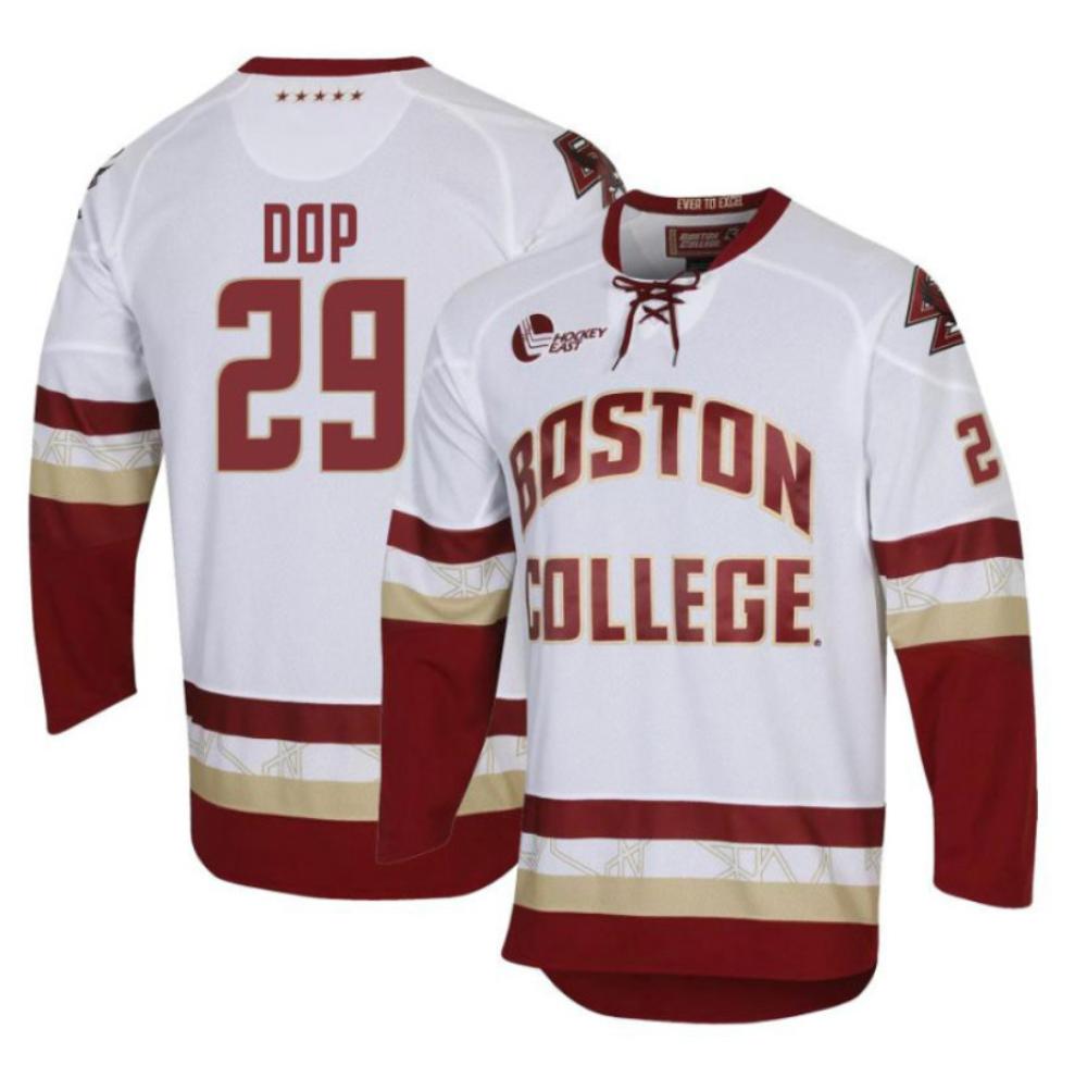 Men's Boston College Eagles Eric Dop #29 Hockey All Stitched White Jersey