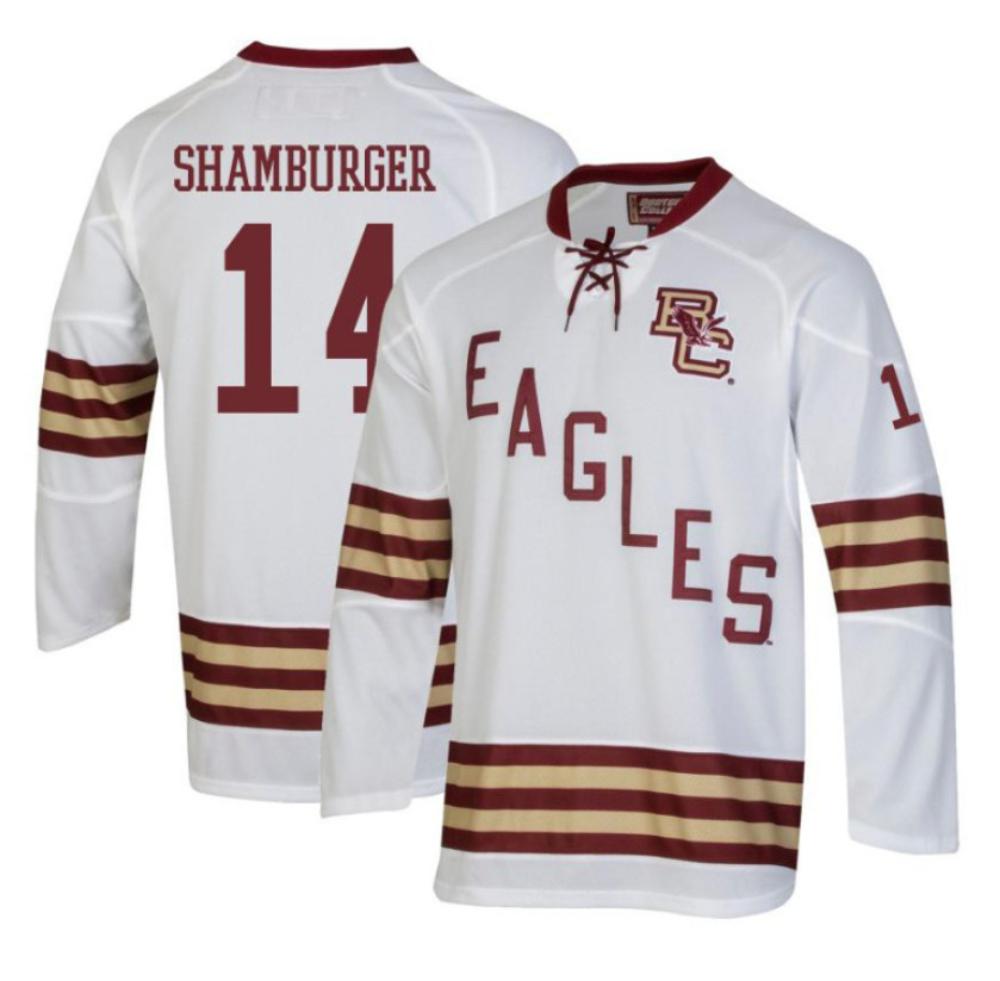 Men's Boston College Eagles Gentry Shamburger #14 Hockey Stitched White Jersey