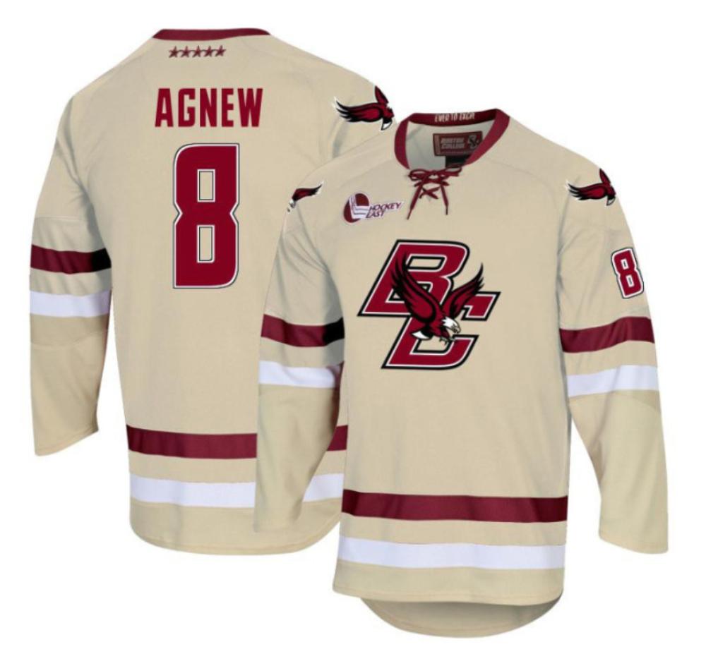 Men's Boston College Eagles Jack Agnew #8 Hockey All Stitched Cream Jersey