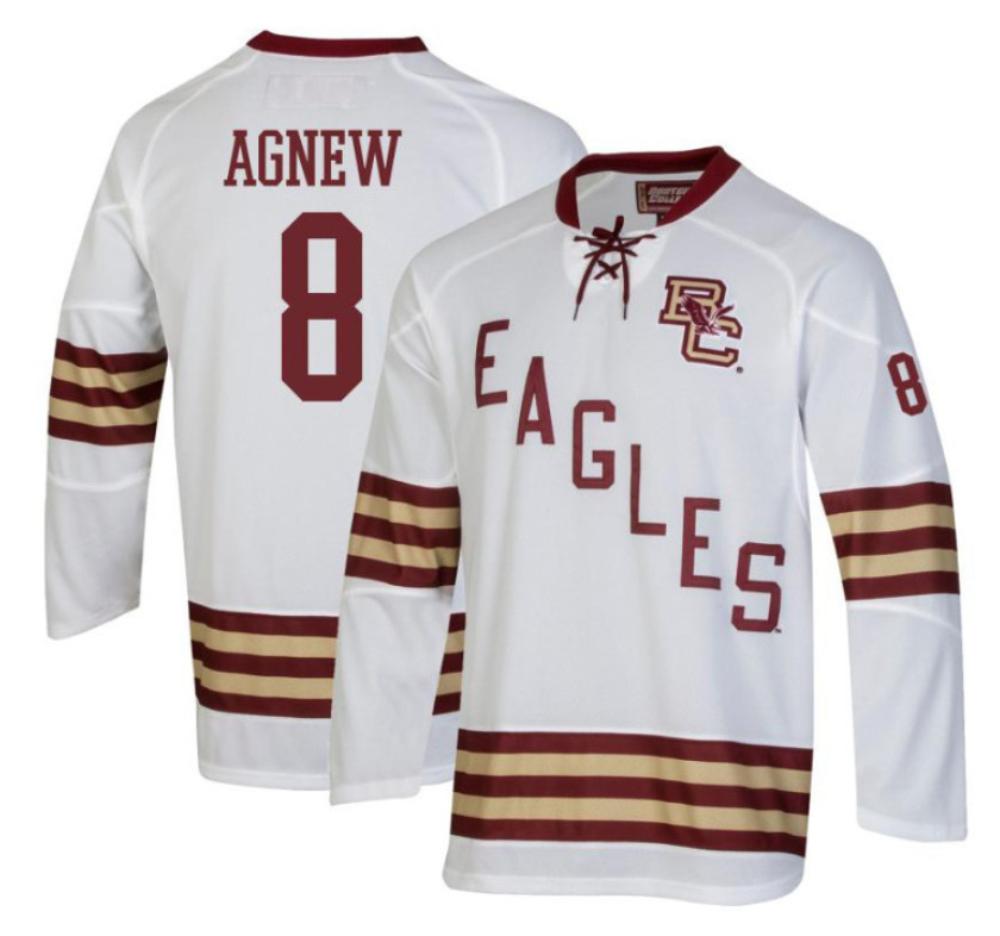 Men's Boston College Eagles Jack Agnew #8 Hockey All Stitched White Jersey