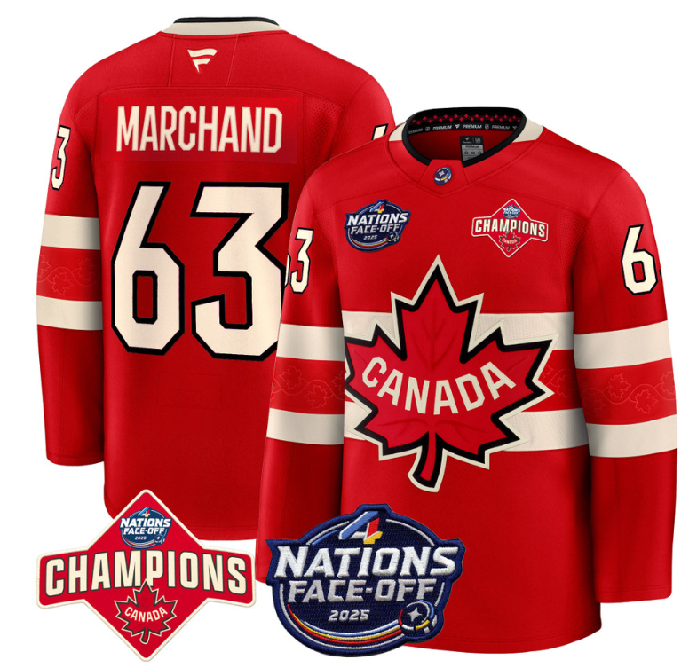 Men's Brad Marchand Jersey #63 Canada 4 Nations Face-Off 2025 Champions Red