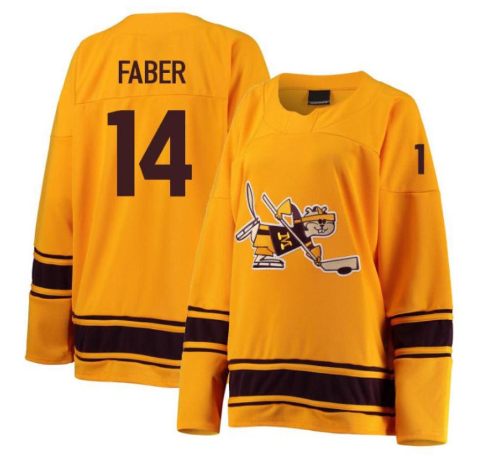 Men's Brock Faber #14 Minnesota Golden Gophers Hockey All Stitched Gold Jersey