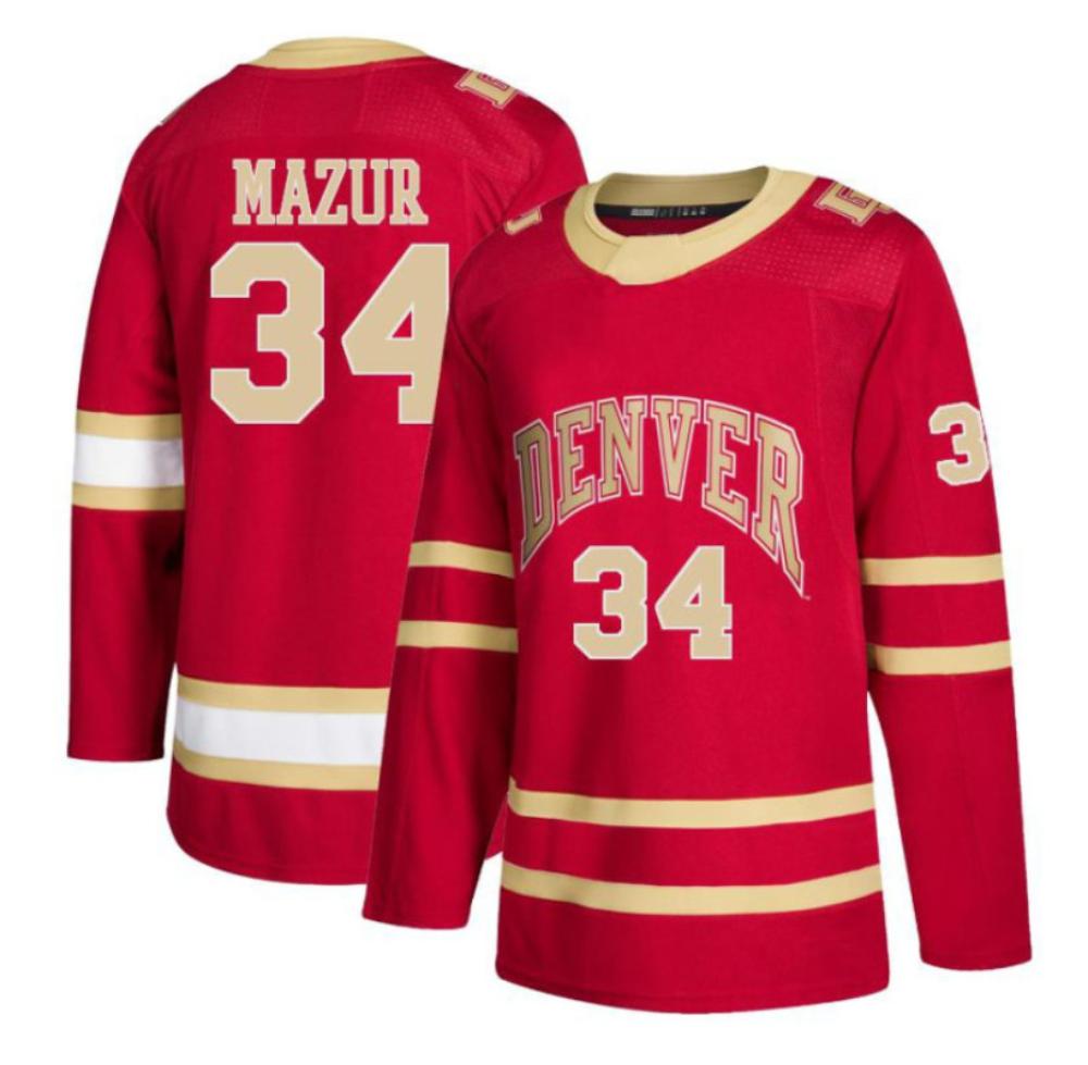 Men's Carter Mazur #34 Jersey Denver Pioneers Hockey Stitched Crimson Jersey