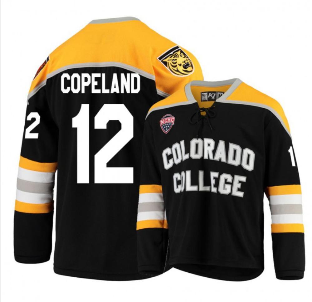 Men's Colorado College Tigers #12 Ben Copeland Hockey Stitched Black Gold Jersey