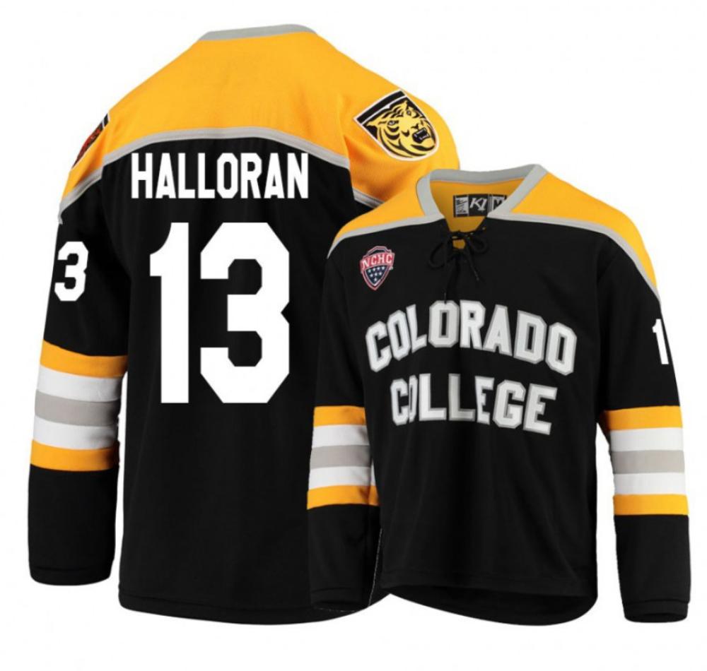 Men's Colorado College Tigers #13 N. Halloran Hockey Stitched Black Gold Jersey