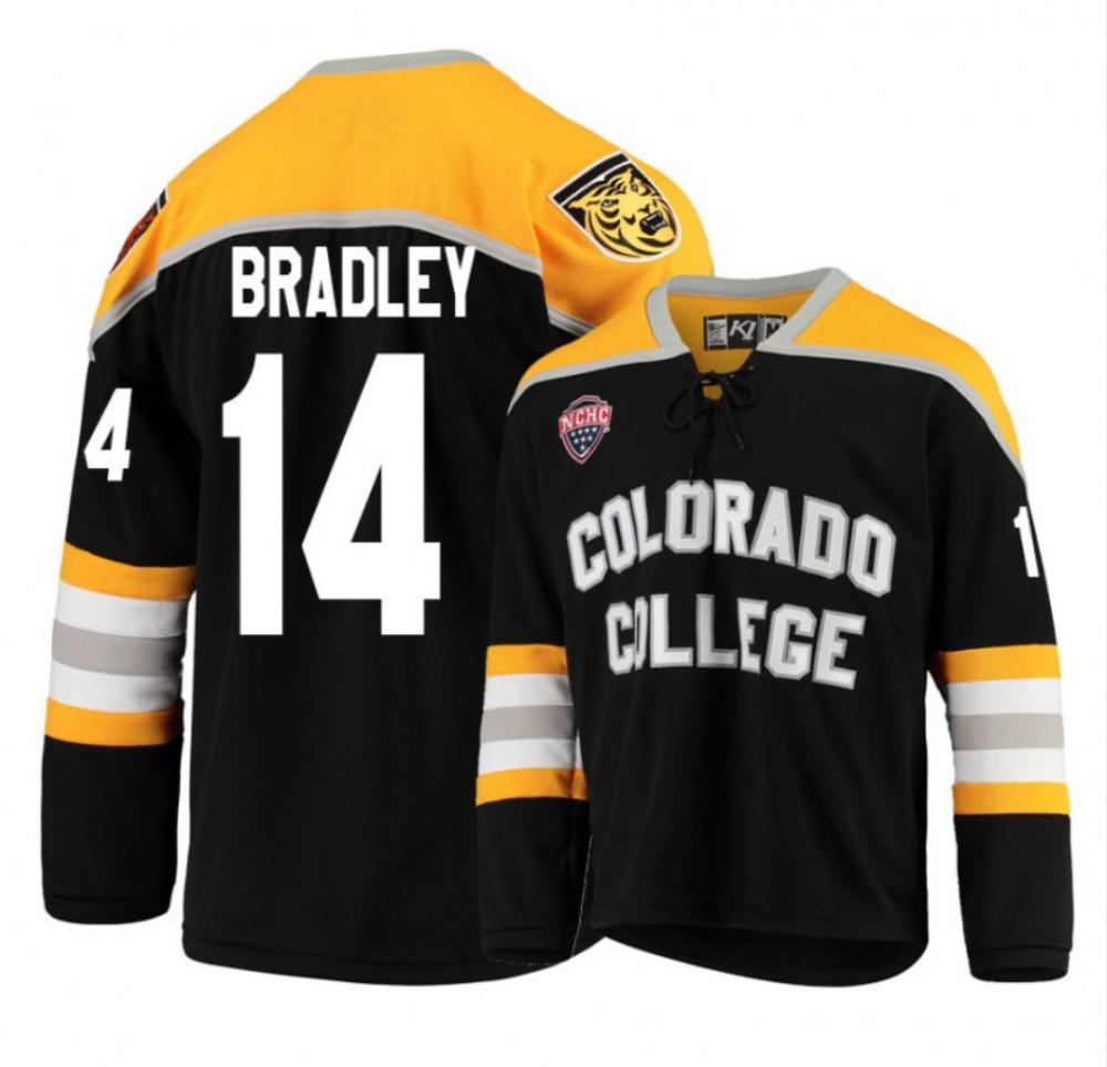 Men's Colorado College Tigers #14 Trey Bradley Hockey Stitched Black Gold Jersey