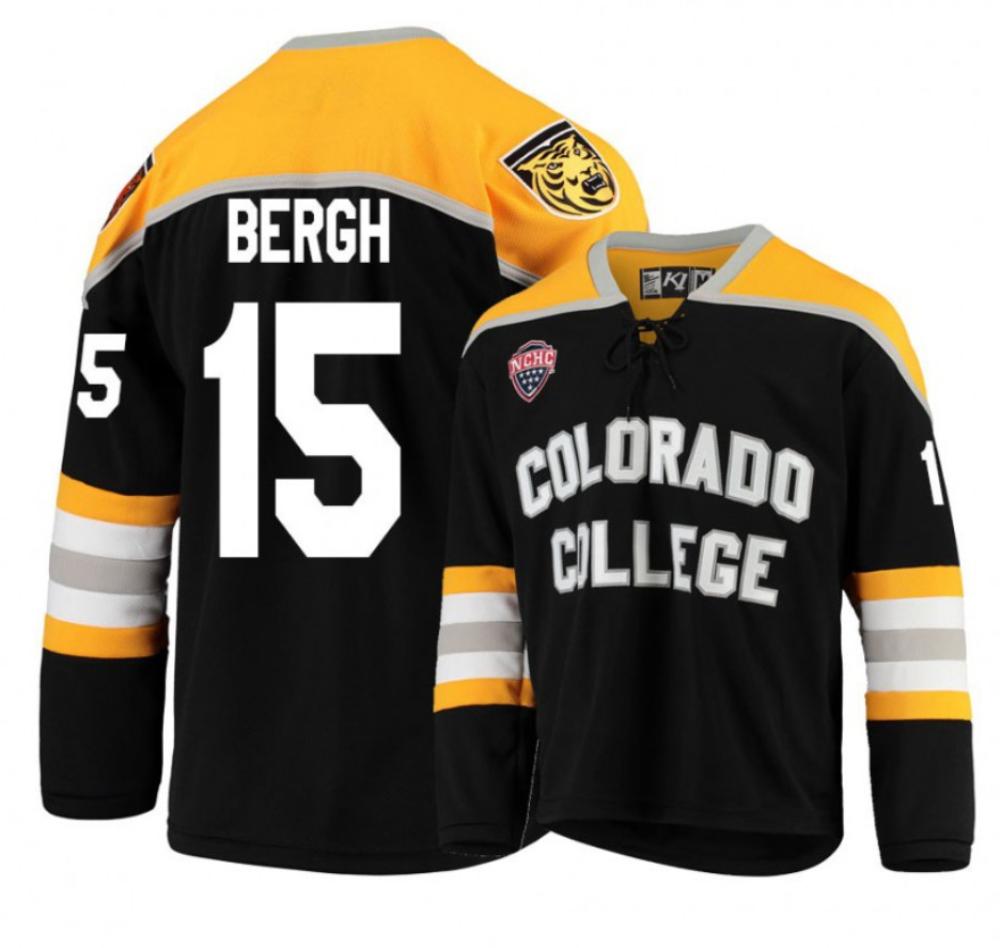 Men's Colorado College Tigers #15 Mason Bergh Hockey Stitched Black Gold Jersey