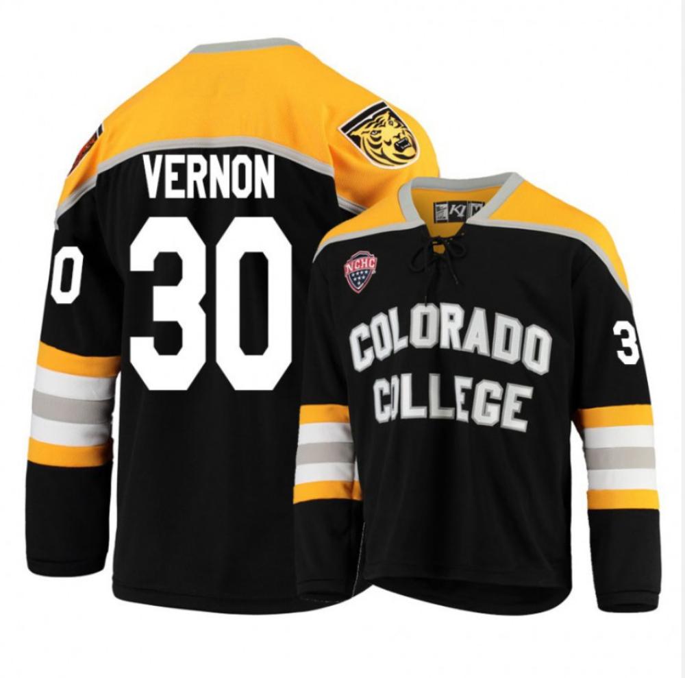 Men's Colorado College Tigers #30 Matt Vernon Hockey Stitched Black Gold Jersey