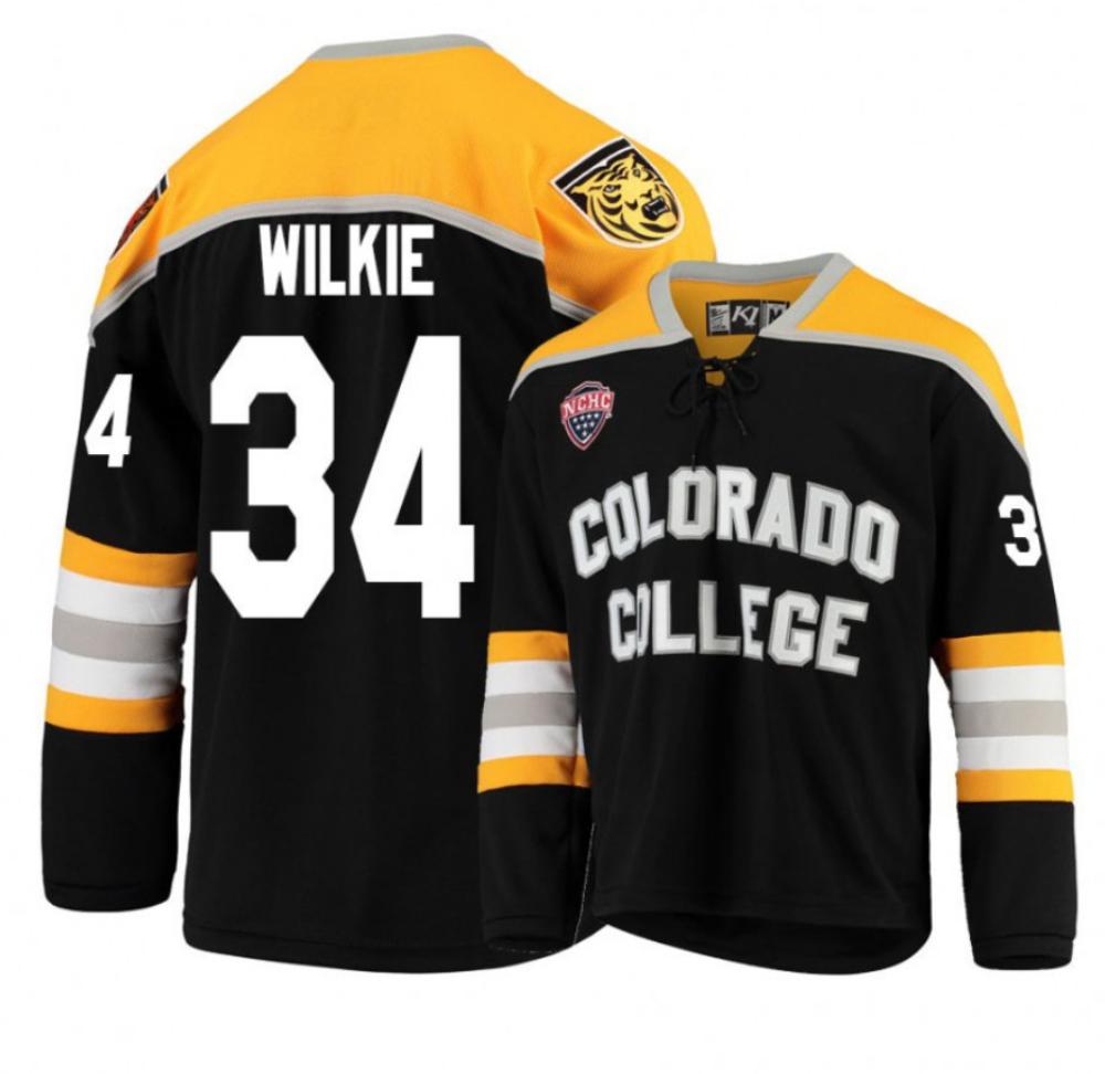 Men's Colorado College Tigers #34 Chris Wilkie Hockey Stitched Black Gold Jersey