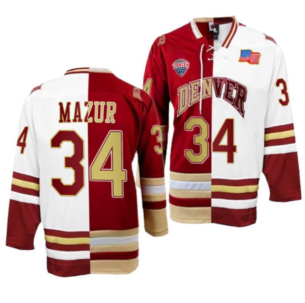 Men's Denver Pioneers Carter Mazur Jersey #34 College Hockey Crimson White Split