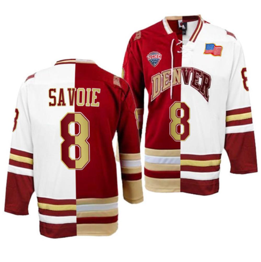 Men's Denver Pioneers Carter Savoie Jersey #8 College Hockey Crimson White Split