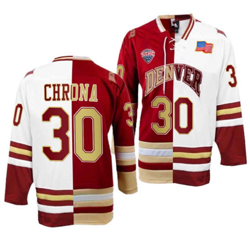 Men's Denver Pioneers M. Chrona Jersey #30 College Hockey Crimson White Split