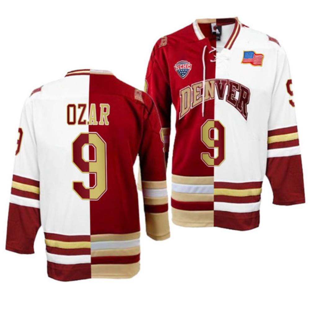 Men's Denver Pioneers Owen Ozar Jersey #9 College Hockey Crimson White Split (Copy)