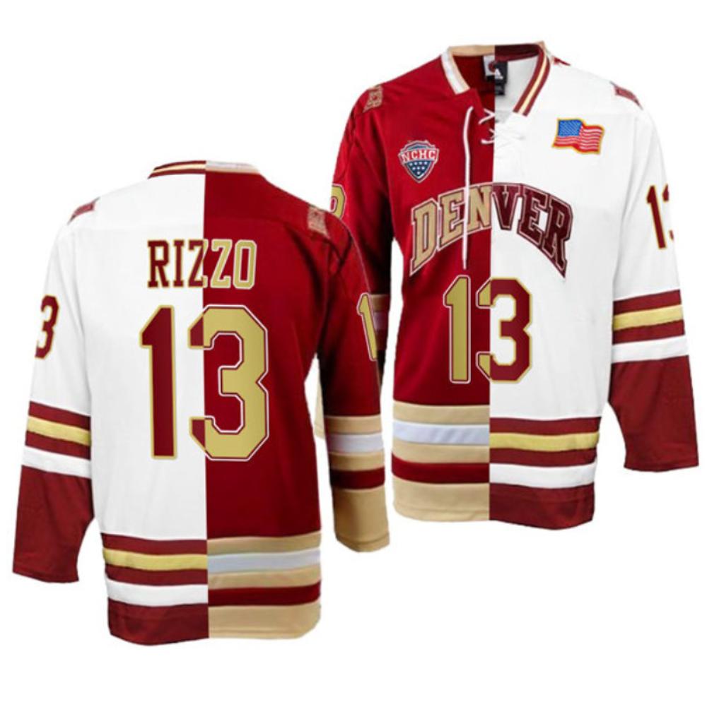 Men's Denver Pioneers #13 Massimo Rizzo College Hockey All Stitched Split Jersey