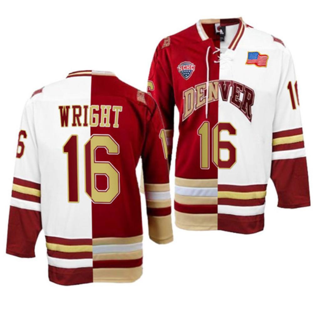 Men's Denver Pioneers #16 Cameron Wright College Hockey Stitched Split Jersey