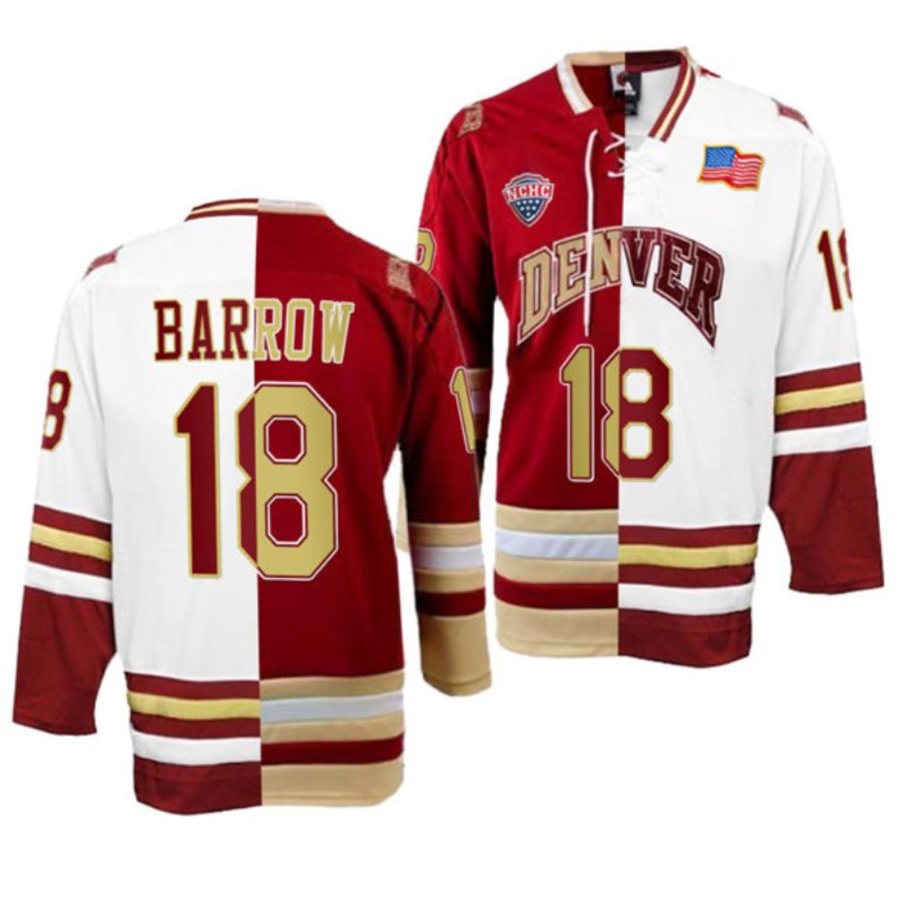 Men's Denver Pioneers #18 Ryan Barrow College Hockey All Stitched Split Jersey