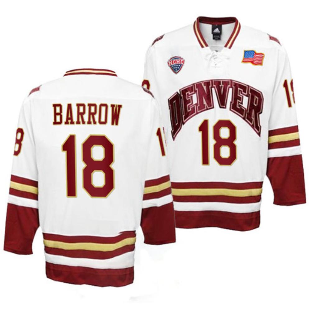 Men's Denver Pioneers #18 Ryan Barrow College Hockey Stitched White Jersey