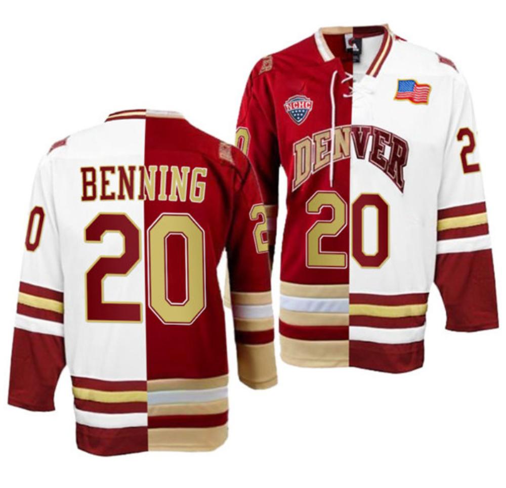 Men's Denver Pioneers #20 Mike Benning College Hockey Stitched Split Jersey