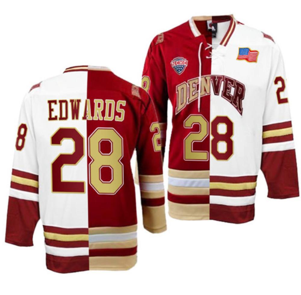 Men's Denver Pioneers #28 Brett Edwards College Hockey All Stitched Split Jersey