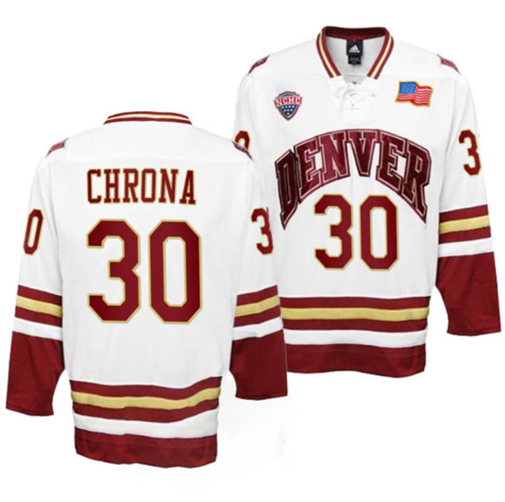 Men's Denver Pioneers #30 Magnus Chrona College Hockey Stitched White Jersey