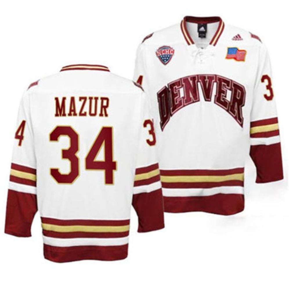 Men's Denver Pioneers #34 Carter Mazur College Hockey All Stitched White Jersey